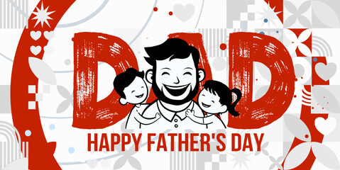  Happy Father's Day - banner, background vector illustration, Smiling father with children