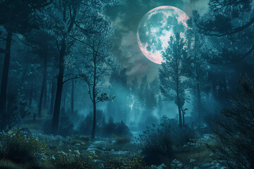 A forest iluminated by the moon. Generative AI