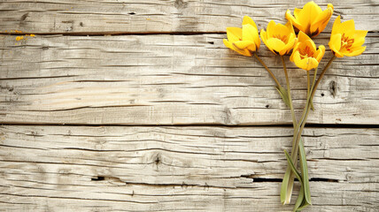 A bouquet of yellow flowers is placed on a wooden table - obrazy, fototapety, plakaty