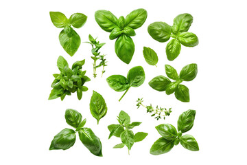 Set of healthy herbs elements fresh basil isolated on transparent background