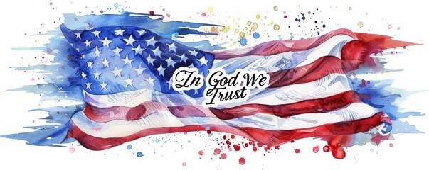 In God We Trust calligraphy lettering text on USA flag background. Abstract modern grunge painted flag of United States of America.
