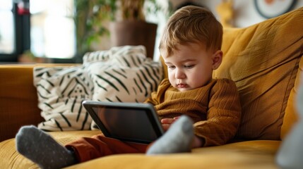 Cute baby boy watching cartoons on digital tablet