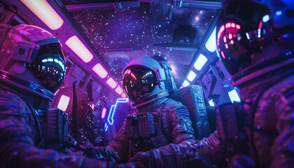 three astronauts in a spaceship. They are wearing spacesuits and are surrounded by a lot of technology. The astronauts are looking at a control panel. - obrazy, fototapety, plakaty