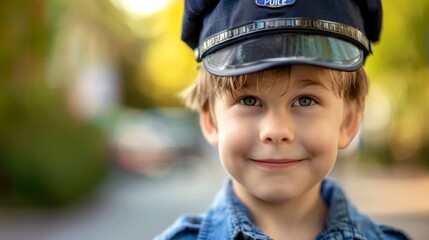 cute little boy in police suit on the street