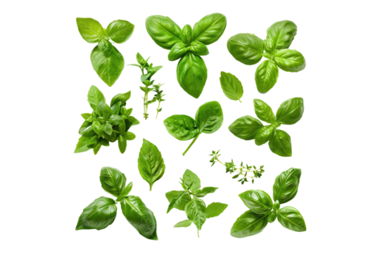 Set of healthy herbs elements fresh basil isolated on transparent background