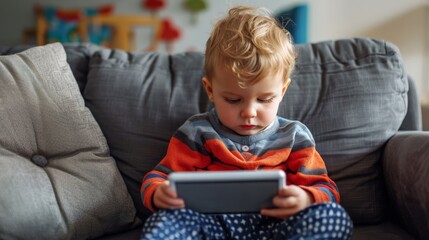 A toddler sits on a couch and watches a video on a tablet.