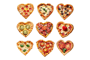 set of heart shape pizza isolated on transparent background