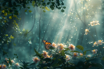 3d rendering illustration of a nature scene with trees and plants in a forest with atmospheric lighting