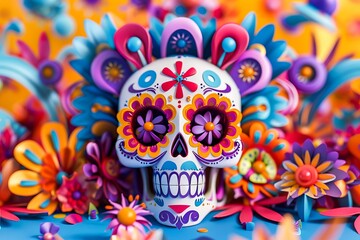 A colorful sugar skull surrounded by flowers. - obrazy, fototapety, plakaty