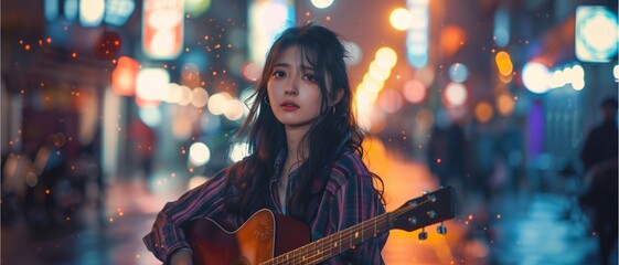 Oil painting of an Asian woman, Chinese, Korean, Hong Kong, long black hair, playing guitar, holding a guitar. - obrazy, fototapety, plakaty