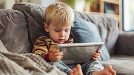 A toddler sits on a couch and watches a video on a tablet.