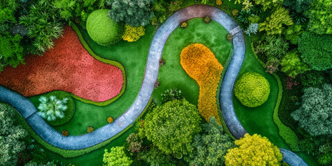 a bird's eye view of a lush green garden with colorful - obrazy, fototapety, plakaty