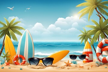  Summer-time vector banner design. It's summer-time text with beach elements like a surfboard, lifebuoy, sunglasses in the sea, and a sand background design.  - obrazy, fototapety, plakaty