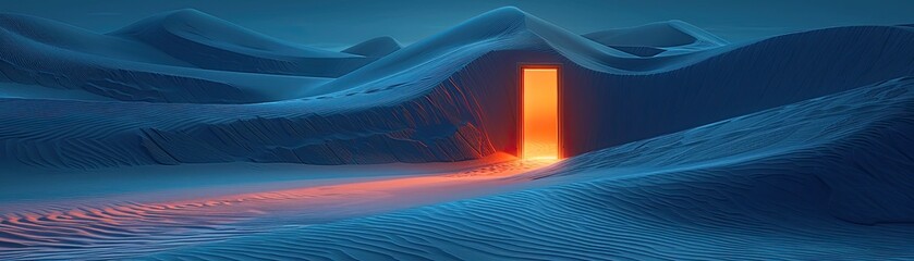 A blue desert landscape with a glowing orange hole in the ground