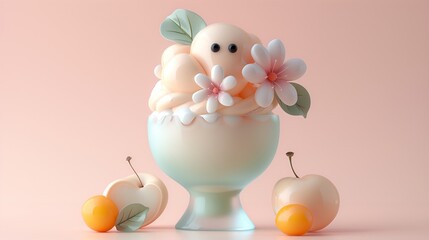 Playful and childlike ice cream creation adorned with amusing, whimsical fruit decorations is showcased against a delicate pink pastel background, perfect for summertime joy with a touch of fantasy
