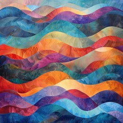 A colorful painting of a wave with a blue and orange stripe