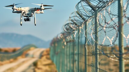 Drones Employed for Monitoring Barbed Wire Fences in Restricted Zones - obrazy, fototapety, plakaty