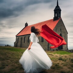 Woman walking toward a chapel on a hill