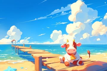cartoon cow sitting on a beach pier