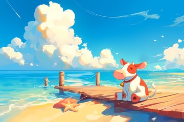 cartoon cow sitting on a beach pier