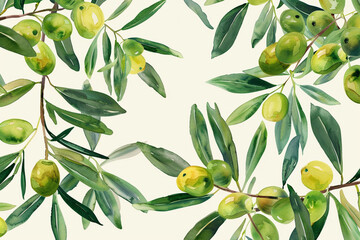 Watercolor Olive Branches, Olive leaves and olives, Seamless pattern illustration 
