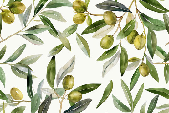 Watercolor Olive Branches, Olive leaves and olives, Seamless pattern illustration 