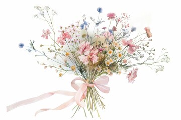 Beautiful bouquet of colorful wildflowers with a delicate ribbon tied around the stems