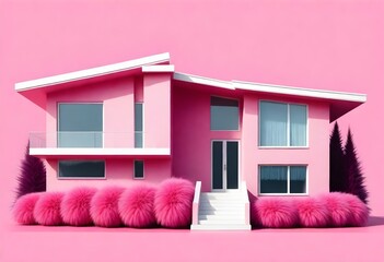 Pink Miniature Model Of A Modern House With The Facade Made Of Fur, Very Fluffy And Furry 3 (5)