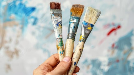 A Detailed View of a Professional's Hand Clutching Paintbrushes, Contrasted by a White Background - obrazy, fototapety, plakaty