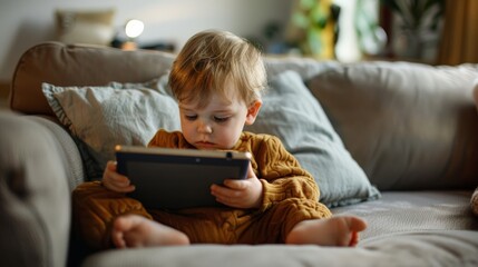 A toddler sits on a couch and watches a video on a tablet.
