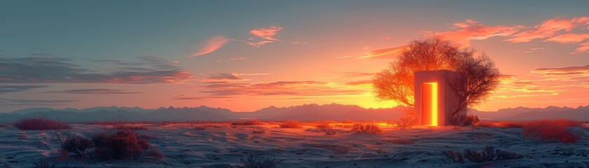 A tree with an open door in the middle of a desert