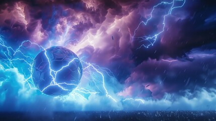 Futuristic Soccer Field Illuminated by AweInspiring Electric Thunderstorm - obrazy, fototapety, plakaty