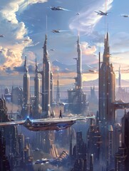 Futuristic Cityscape Soaring to New Heights with Digital Art - obrazy, fototapety, plakaty