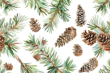 Naklejka premium Watercolor Pine Needles, Pine branches and cones, Seamless pattern illustration 