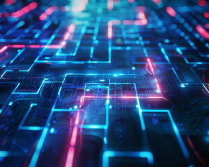 Obraz premium The image is a circuit board with glowing blue and pink neon lights.