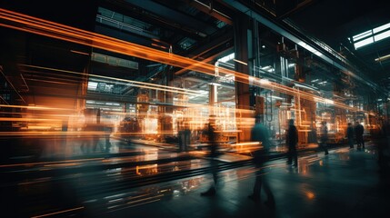 workers blurred industrial building interior