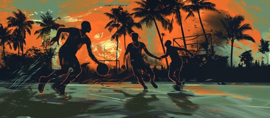 Tropical basketball game at sunset