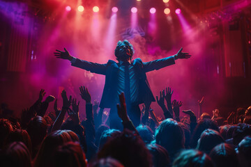 Jubilant succesful businessman with arms outstretched stands elevated, basking in the adulation of an ecstatic audience under the glow of spotlights
