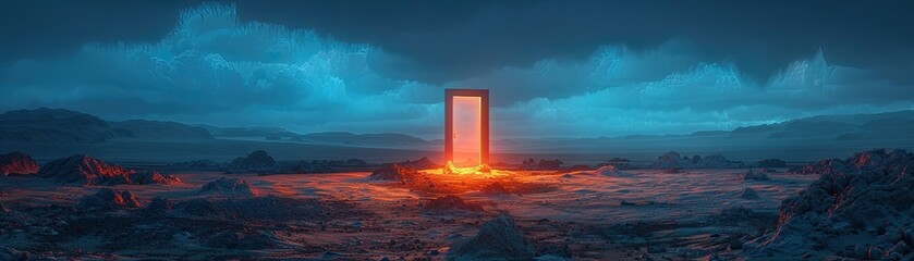 A large, glowing red door is in the middle of a desolate, rocky landscape