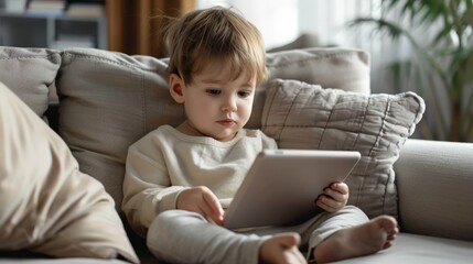 A toddler sits on a couch and watches a video on a tablet