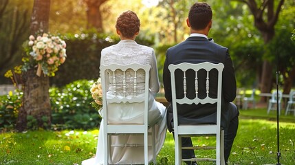 Grooms Sit Together on White Wooden Chairs During a Picturesque Garden Wedding - obrazy, fototapety, plakaty