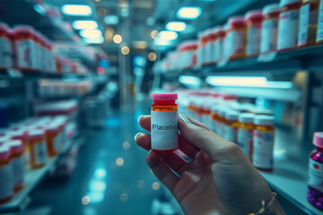 Hand holding vial with pills labeled Placebo against a blurred background of medical equipment and bottles of medication - obrazy, fototapety, plakaty
