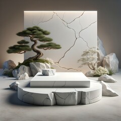 3D Realistic Product Display with Cracked White Stone Platform, Bonsai Tree, and Rock - obrazy, fototapety, plakaty