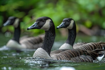 Obraz premium A detailed and crisp image of two geese elegantly gliding through calm waters, reflecting serenity