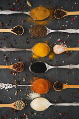 The spicy world of exotic spices on spoons