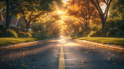 A residential area, a two lane asphalt road with trees on both sides, grasses on both sides, sunset. Generative AI.