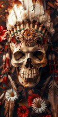A skull with feathers and flowers on it. - obrazy, fototapety, plakaty