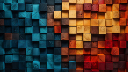 Richly Textured Wood Cube Wall in Deep Blue and Orange