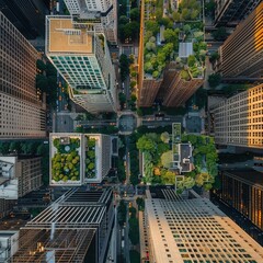 an aerial view of city skyscrapers with gardens - obrazy, fototapety, plakaty