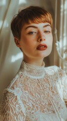 A photo of an attractive woman with short hair wearing a lace dress, posing for the camera, in the style of cottagecore, close up shot - obrazy, fototapety, plakaty